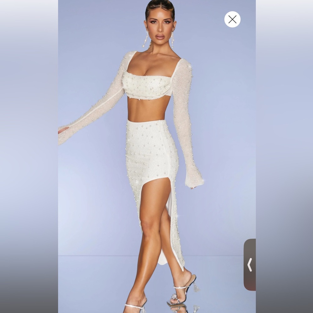 Oh Polly Embellished cowl neck top and skirt in Ivory pearls